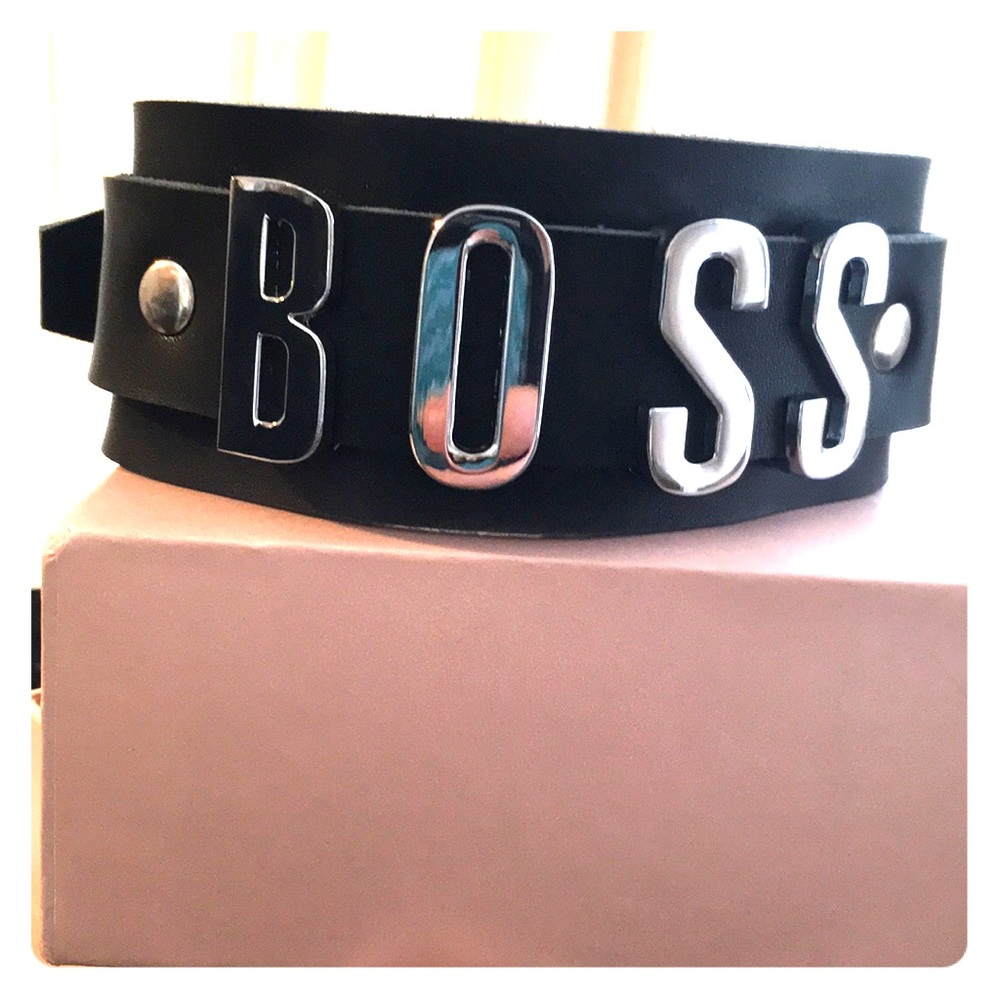 Lexa Vonn Black leather BOSS mirror letter collar